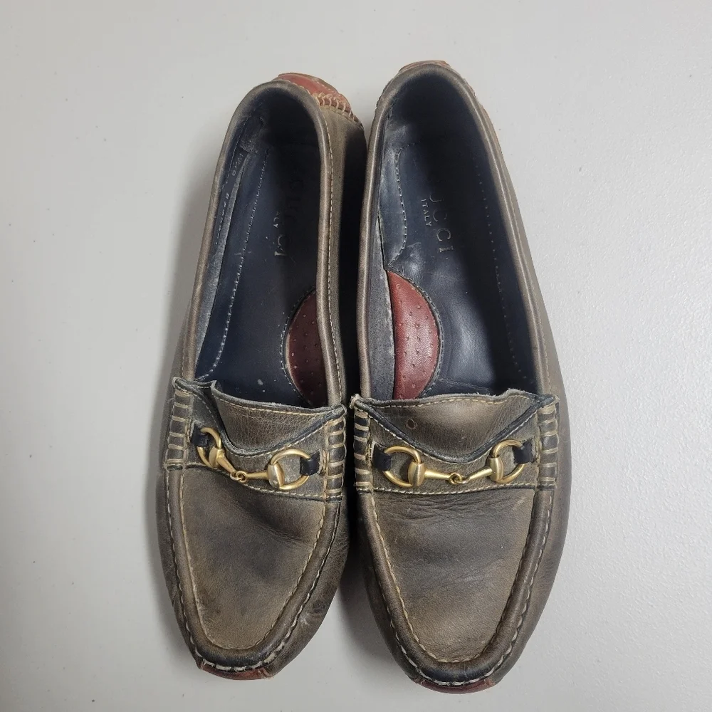 Gucci Classic Vintage Horsebit Leather Slip On Flat Driving Loafers Size 8.5M.
